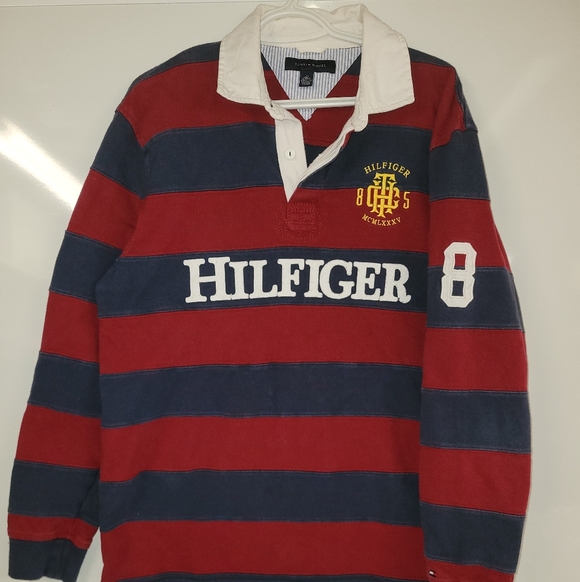 Two Premium Tommy Hilfiger Rugby Polo Stripe Large Longsleeve Y2K Shirts - Picture 6 of 8